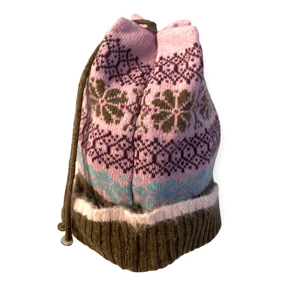 Renaud England Fair Isle Knit Beanie Hat Tassels Lambswool Angora Pink Brown - Picture 8 of 9